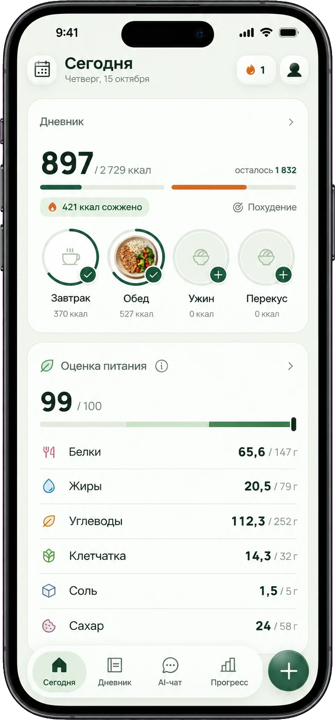 Приложение «Умная Тарелка» на iPhone: дневник на сегодня, калории, шесть нутриентов и вода